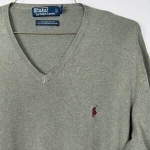 Polo Ralph Lauren V-Neck Sweater XL Green Red Pony Pima Cotton Preppy Men's